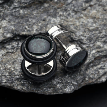 Detail View 1 of A Pair of Glow in the Dark Sugar Skull Steel Fake Plug with O-Rings-Black